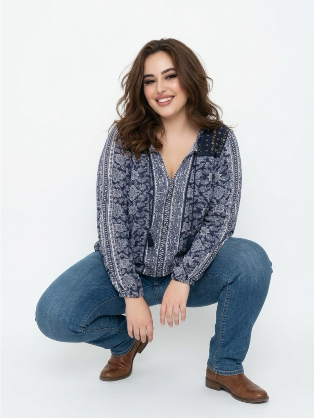 Lucky Brand Navy & White Printed Peasant Blouse
